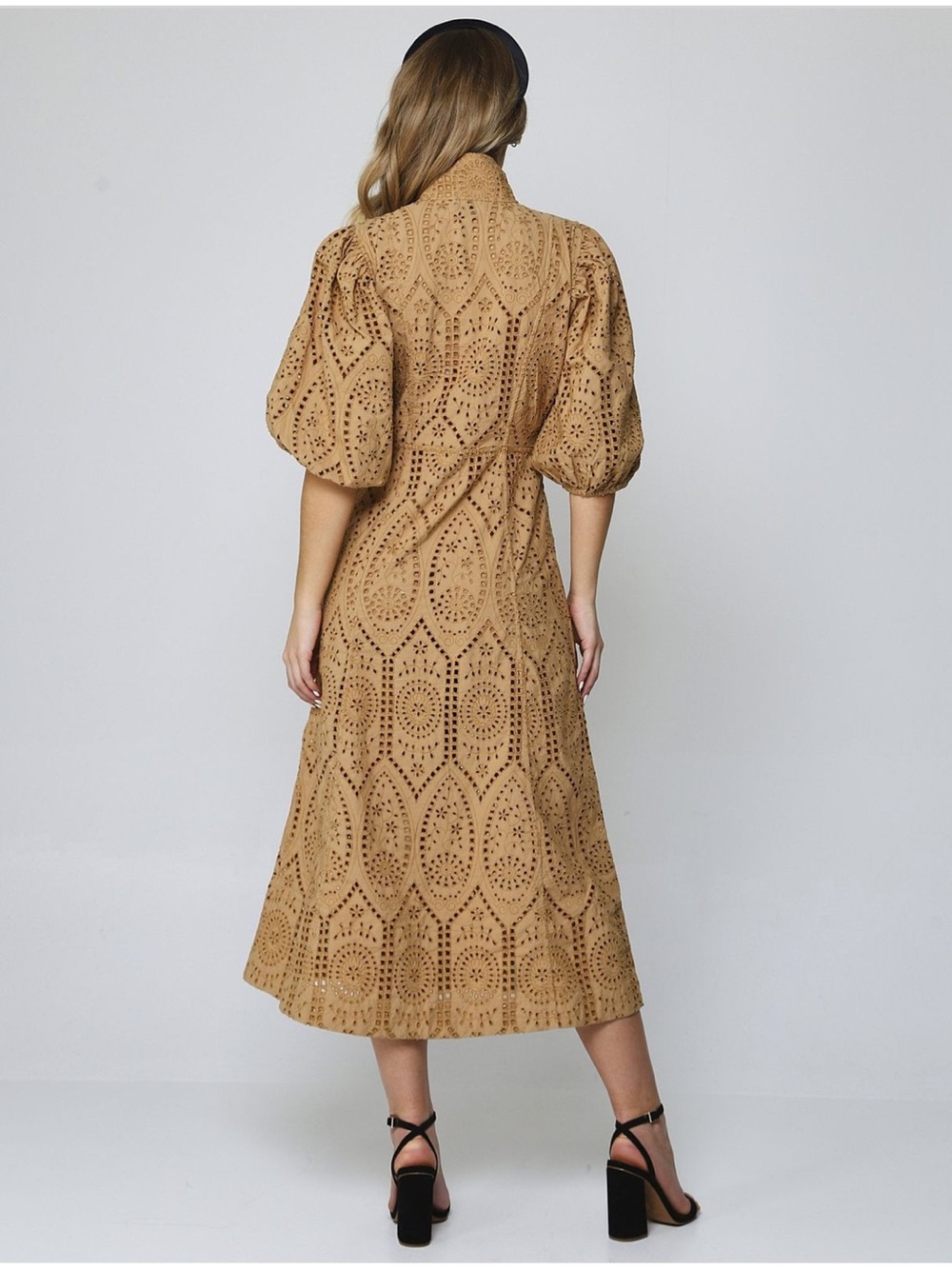 Ganni Tan Broderie Anglaise Midi Dress with Puff Sleeves - Picture 3 of 9